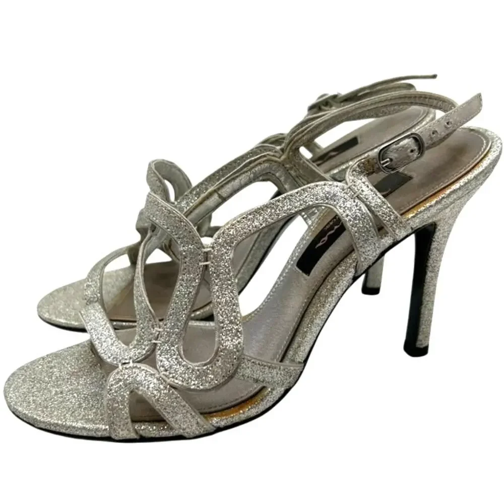 Nina Silver Glitter Strappy Unilora Heels Size 6.5 Glam Evening Slingback Y2K